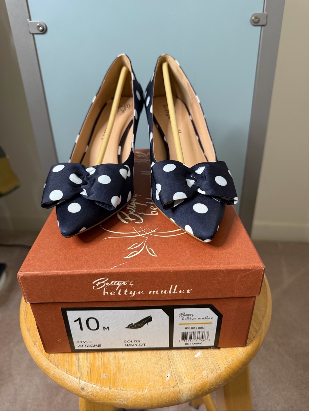 bettye muller Navy and White Polka Dot Bow Pointed Toe Pumps
